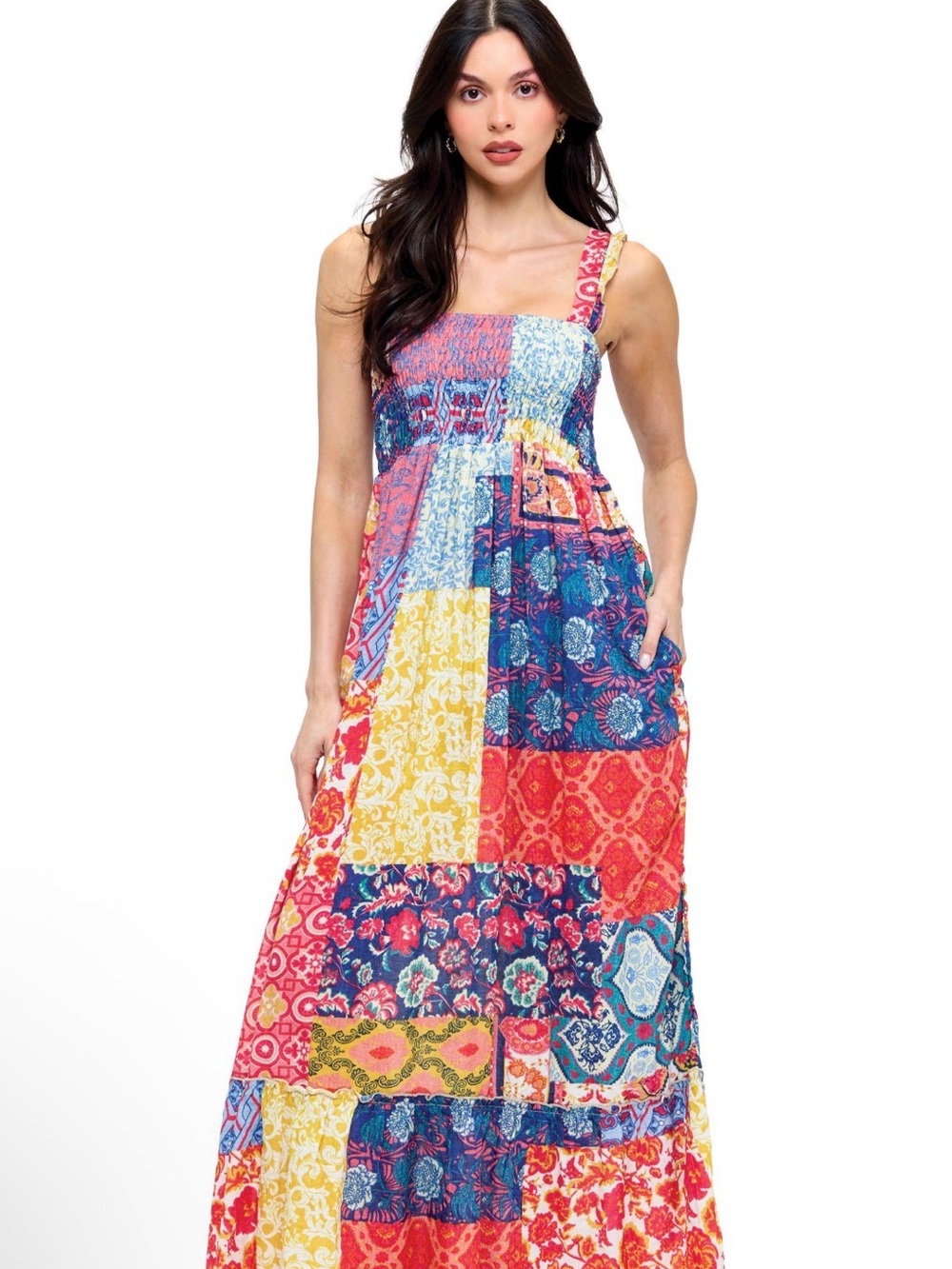 Yak & Yeti Patchwork Maxi Sundress with Smocked Bodice - Multicolor